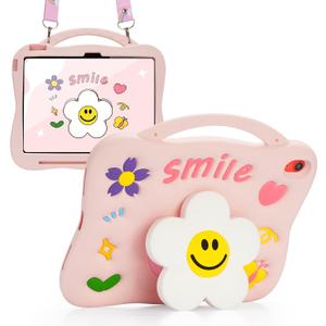 Kids Case for iPad A16 11th Generation 11 inch 2025,10th Generation 10.9 2022, 3D Cute Silicone Cover with Sunflower Kickstand, Adjustable Shoulder Strap & Pencil Holder for Girls -Pink