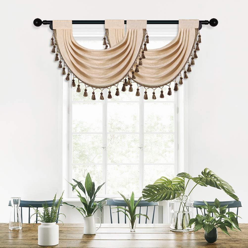 ELKCA Thick Chenille Waterfall Swag Valances for Living Room Beige Valance Curtains for Kitchen, Pack of 2 (Beige, 30" W x 22" L) 