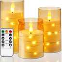 Amagic Flameless Candles 3 Set, Flickering Battery Operated Candles Embedded Fairy String Light, Realistic Pillar Candle with Remote Control and Timer, Acrylic Amber Gold, D3 x H4 5" 6"