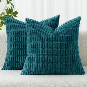 MIULEE Pack of 2 Corduroy Decorative Euro Sham Throw Pillow Covers 24x24 Inch Soft Boho Striped Pillow Covers Modern Farmhouse Home Decor for Summer Coastal Sofa Living Room Couch Bed Teal