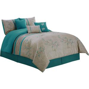 Chezmoi Collection Noriko Luxury 7-Piece Teal Cherry Blossoms Floral Embroidery Bedding Comforter Set, King