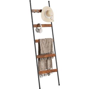 ELYKEN Blanket Ladder for Living Room, Farmhouse 5-Tier Quilt Holder with 4 Removable Hooks for Bathroom, Wood Towel Rack Display, Wall Anchor Leaning Decorative Stand for Home, Rustic Brown (17.3" x 63")