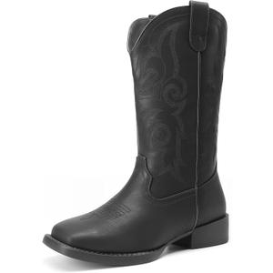 DREAM PAIRS Women's Cowboy Cowgirl Boots Embroidered Square Toe Mid Calf Western Boots Fashion Dress Chunky Low Heel Shoes for Theme Party Country Concert (8.5, All Black)