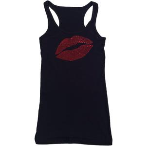 Women's Rhinestone Fitted Tight Snug Shirt Sexy Red Lips (Medium, Black Tank Top)