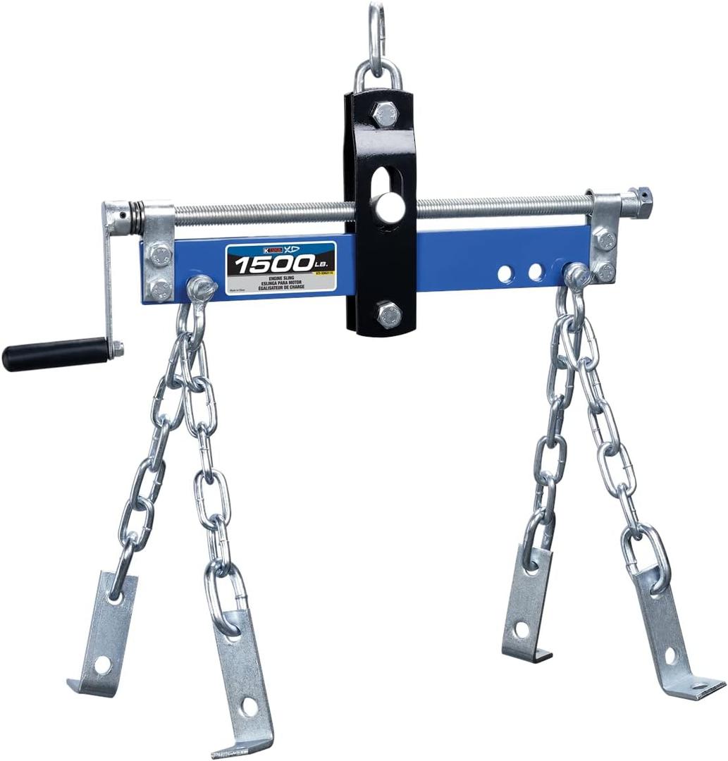 K Tool International XD62115 Automotive Engine Crane Sling for Garages, Repair Shops, and DIY, 1,500 lbs. Capacity, Hand Crank, Bearing Mounted Drive Screw, (4) Mounting Chains/Brackets