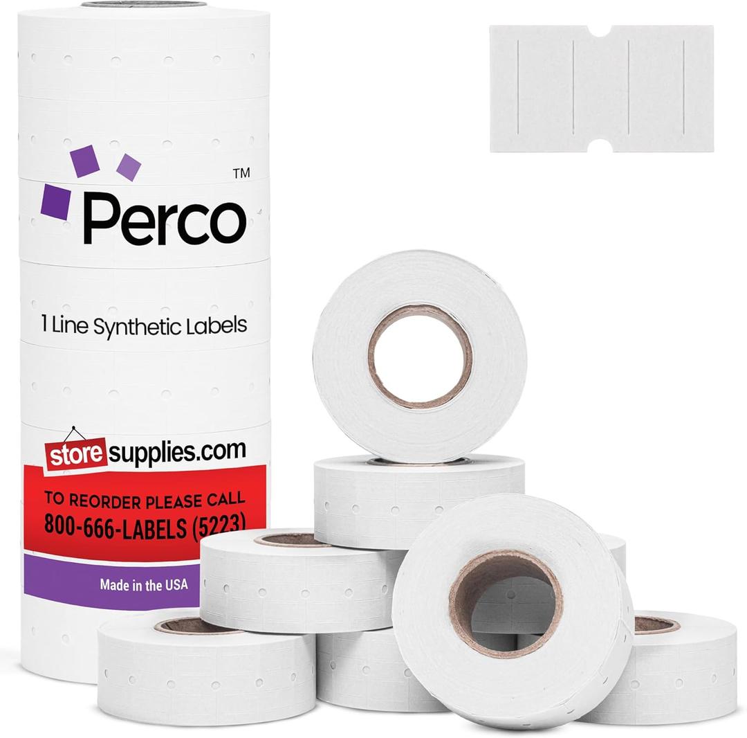 Perco 1 Line White Synthetic Labels  8,000 Blank Labels for Perco Lite, X, Plus & Pro 1 Line Guns  Water-Resistant, Tamper-Proof, Durable for Indoor & Outdoor Use  8 Rolls, 1 Sleeve  Made in USA