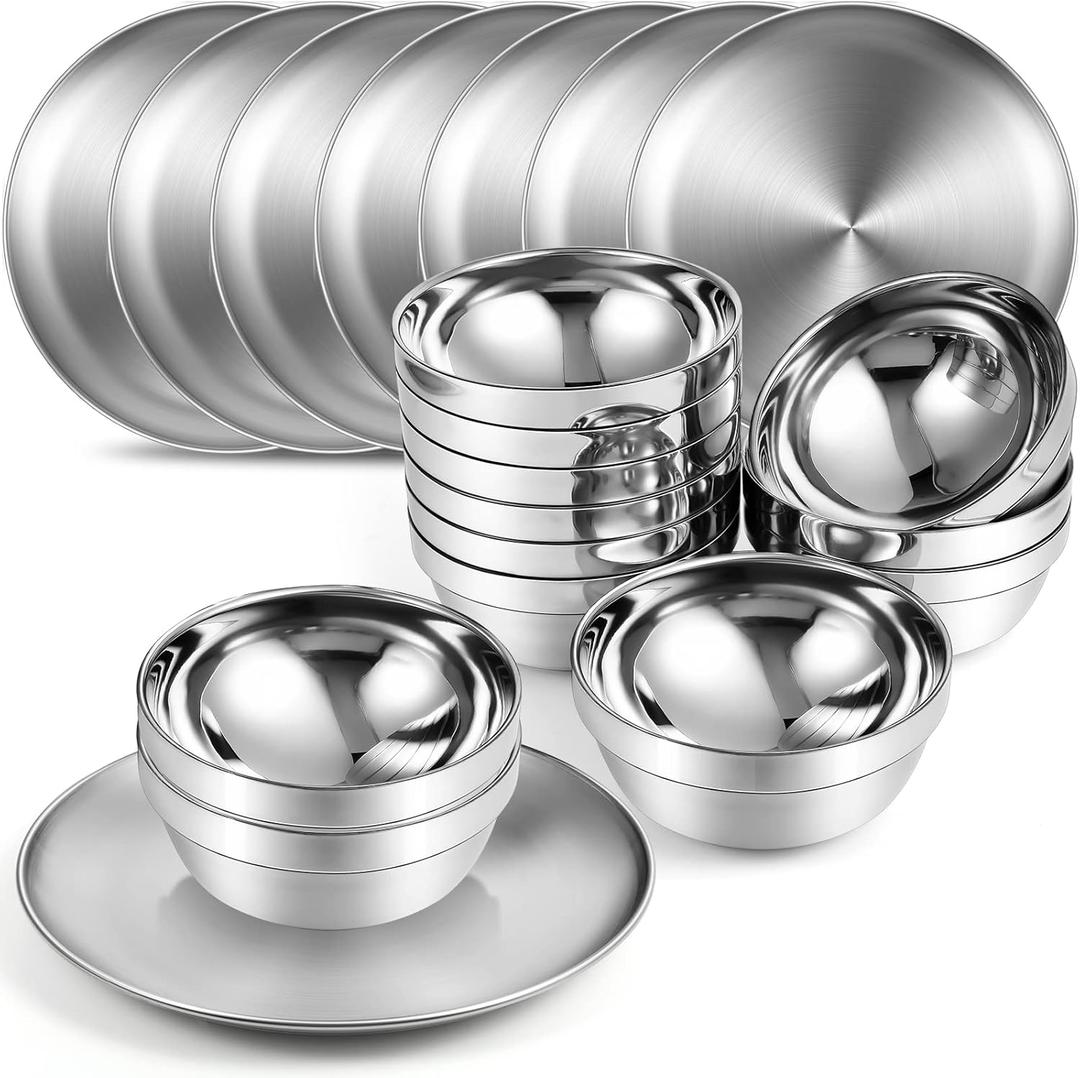Sunnyray Stainless Steel Plates and Bowls Metal Camping Plates Reusable 13oz Steel Snack Feeding Serving Dinner Dishes Double Walled Insulated Metal Bowls for Kids(10 Set,8 Inch)