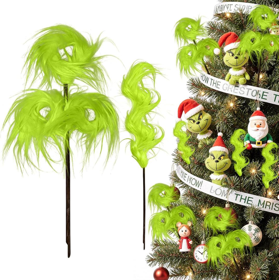 Christmas Tree Decorations Clearance,  17" Large Lime Green Furry Christmas Tree Topper Picks Decor Ornaments, Christmas Vase Fillers for Table Manle Gift Wrap, Xmas Home Holiday Decor