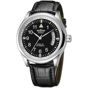 VIGOROSO Men's Mechanical Watches Day Date Black Leather Automatic Self Winding Watch for Men