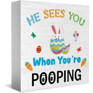 2 x He Sees You When You'Re Pooping Wooden Box Sign, Home Bathroom Decor, Farmhouse Kitchen Bathroom Shelf Table Decoration, Easter Decorations Gift 5 x 5 Inch