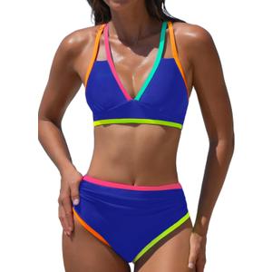 popvil High Waisted Bikini Sets: Neon Swimsuits for Women Tummy Control Push Up Two Piece High Rise Sunny Sculpt Bathing Suits Ladies Summer Beach (Royal Blue) Large