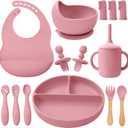 LITTLE RAWR Silicone Baby Feeding Set 14 Pcs,Baby Led Weaning Supplies, Baby Spoons Suction Bowl Divided Plate Bib Cup Finger Brush,First Stage Solid Food Eating Utensils - 6+ Months(Deep Red)