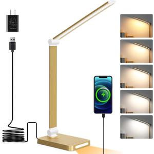 LED Desk Lamp with USB Ports,Touch Desk Lamps for Home Office with 5 Color Modes,3 Brightness Desk Light with Small Night Light,Reading Lamp Table Lamp for Bedroom Bedside Study Gold with Adapter