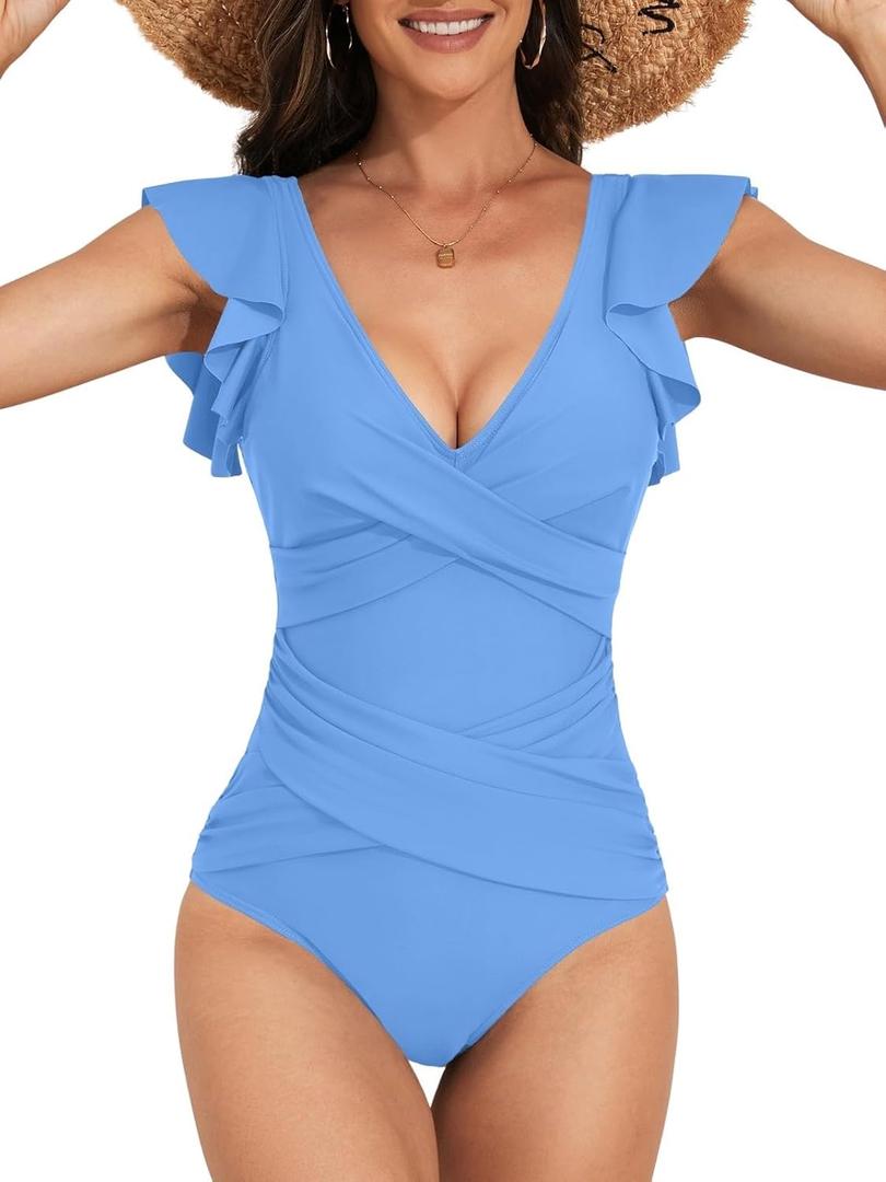 B2prity Women's One Piece Swimsuit Ruffle Slimming Tummy Control Bathing Suit Criss Cross High Waist 1 Piece Swimwear (XX-Large)