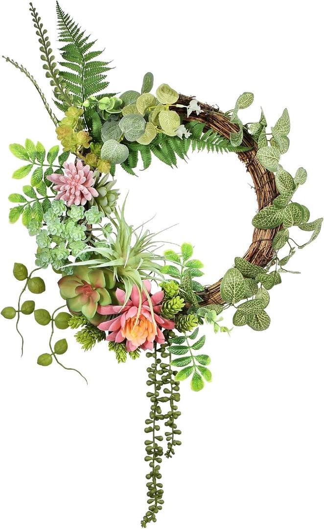 Beinhome 16 inch Succulent Wreath for Front Door, Boho Wreath Artificial Multicolor Succulent Arrangement Decor Spring Wreath Summer Wreaths All Season Door Wreath for Wall and Home Decoration