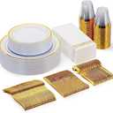Goodluck 175 Piece Gold Dinnerware Set for 25 Guests, Plastic Plates Disposable for Party, Include: 25 Gold Rim Dinner Plates, 25 Dessert Plates, 25 Paper Napkins, 25 Cups, 25 Gold Silverware Set