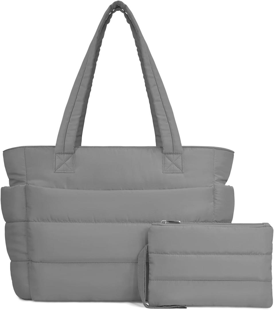 TOPDesign Puffer Tote Bag for Women, Lightweight Puffy Handbag with Compartments, Quilted Shoulder Bag for Work, Travel, Gym (Medium, Grey)