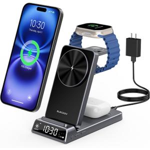 3 in 1 Charging Station for Apple, Magnetic Charger for iPhone, Foldable Wireless Charger with Clock, Travel Watch Charger Stand for iPhone 17/Air/16/15 Series, iWatch 10/AirPods 4 (Grey)