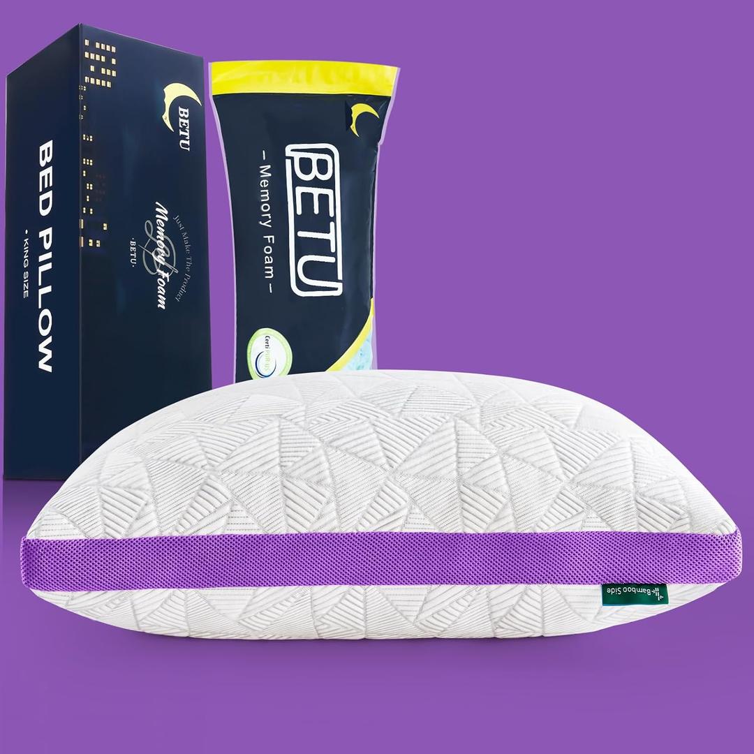 BETU Cooling Pillow Queen Size, Shredded Memory Foam Cool Pillow for Hot Sleepers, Adjustable Firm Soft Support Bed Pillows Perfect for Back Neck Pain and Side Sleeping with Pillow Case Cover, Purple (Queen (1 Count))