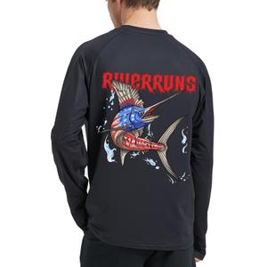 Riverruns UPF 50+ Long Sleeve Fishing Shirt for Men, Light Weight Breathable Sun Protection Fishing Shirt (Black Sailfish, XL) (XL)