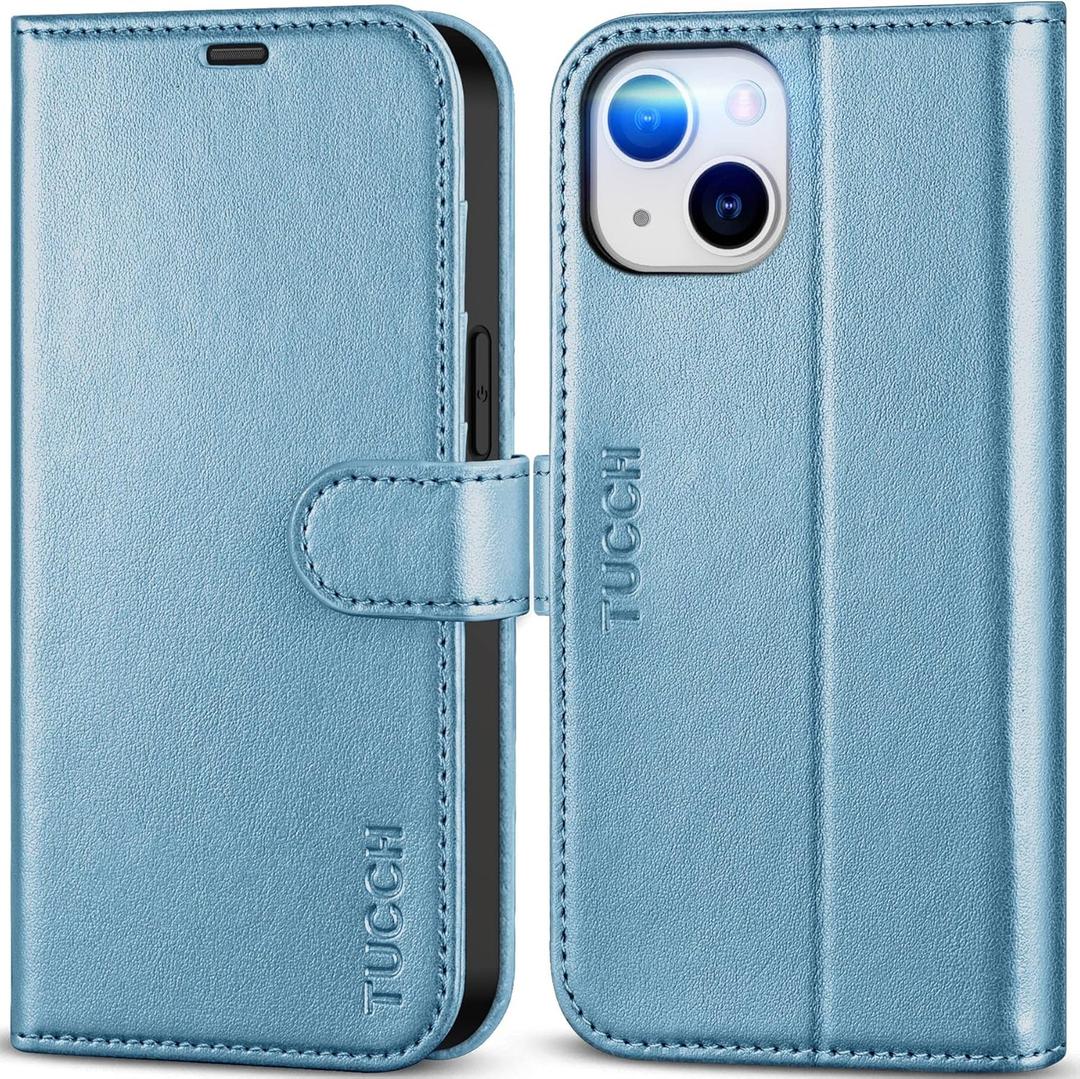 TUCCH Case Wallet for iPhone 14 5G, [RFID Blocking] 4 Card Holder Stand [Shockproof TPU Interior Case] PU Leather Magnetic Protective Flip Cover Compatible with iPhone 14 6.1", Shiny Light Blue