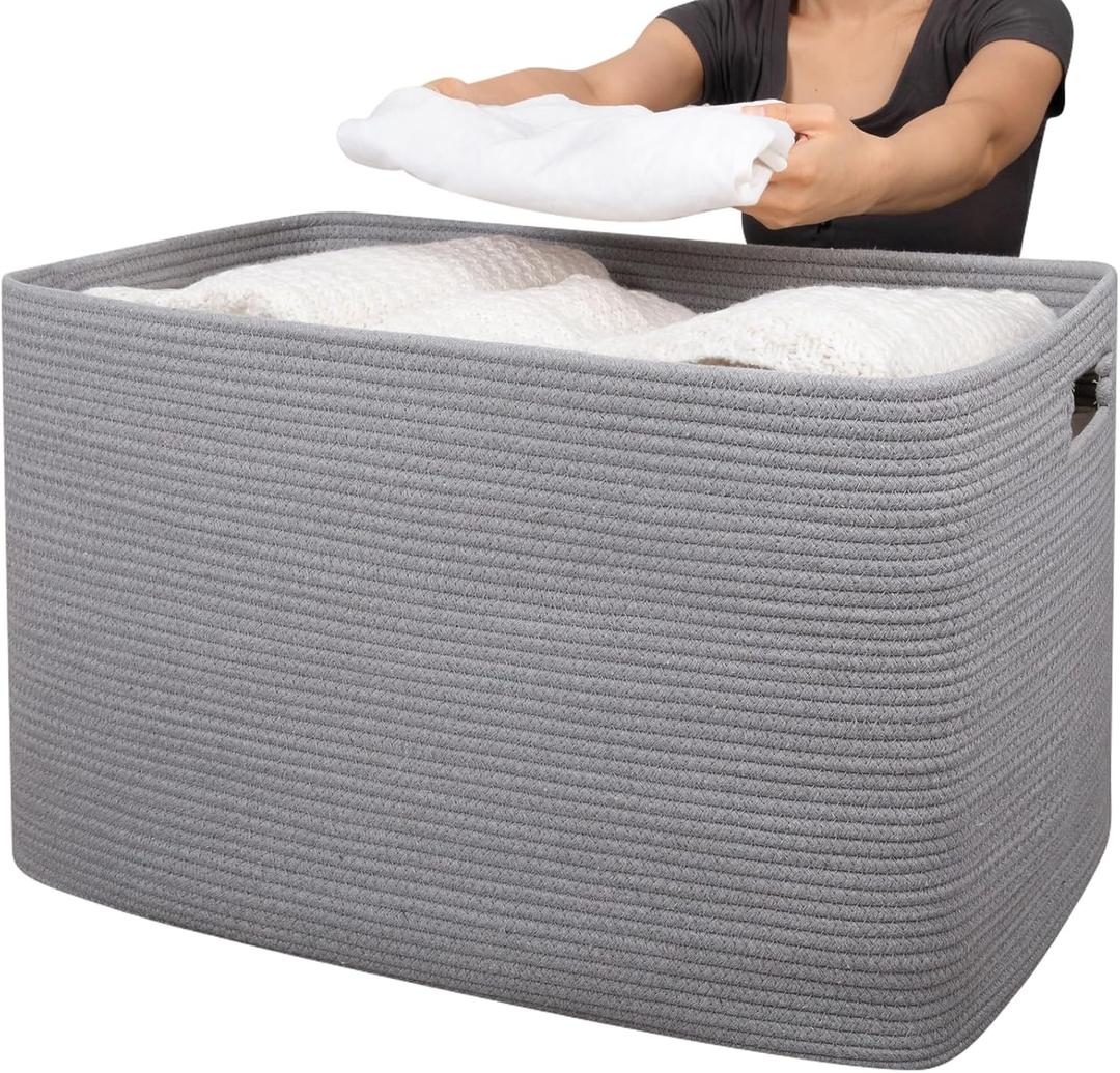 OIAHOMY 118L XXXLarge Cotton Rope Storage Basket, Oversized Blanket Basket, Used for Organizing Dirty Clothes in Living Room, Bedroom, Nursery, Dog Toy Storage Bins, 25" x 17" x 16",Grey