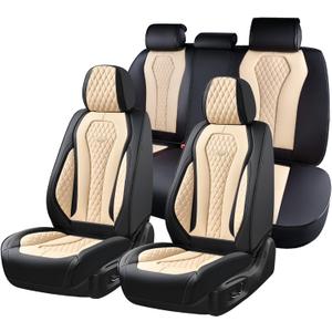 Coverado Car Seat Covers, Leather Seat Covers Full Set, Beige Seat Covers, Car Seat Cushion, Driver Car Seat Covers, Waterproof Car Seat Protector Fit for Most Cars