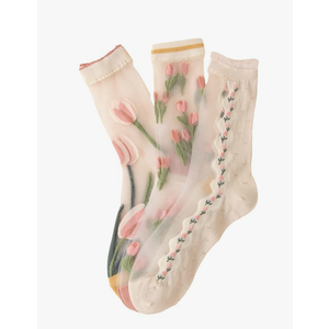 Verdusa Women's 3 Pairs Sheer Mesh Socks Floral Thin Socks