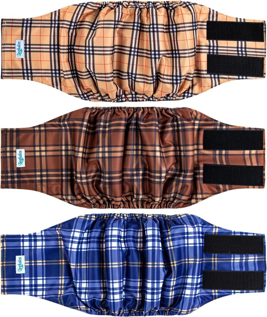 Leekalos Male Dog Diapers (3 Pack), High Absorbing Dog Belly Bands for Male Dogs, Washable Reusable Dog Male Wraps (Plaid, Small)