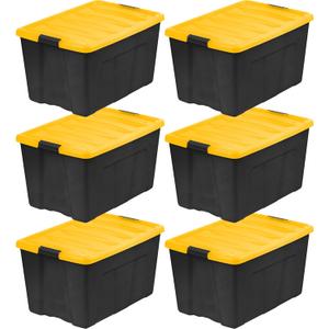 IRIS USA 72 Qt Stackable Plastic Storage Bins with Lids, 6 Pack - BPA-Free, Made in USA - Garage Organizing Solution, Latches, Durable Nestable Containers, Secure Pull Handle - Black/Yellow