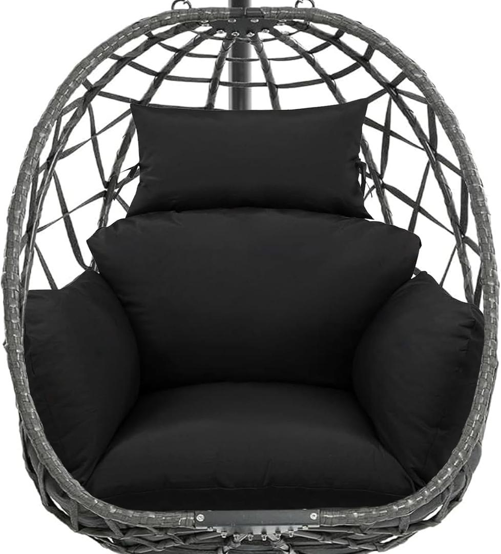 Egg Chair Cushion Replacement, Waterproof Thicken Hanging Egg Swing Chair Cushion for Outdoor Furniture, Wicker Rattan Hammock Basket Cushion with Headrest Pillow 47x31.5x4.7 inch(Black), Standard size