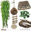 5PCS Coconut Hut for Gecko, Lizard Coco Den with Ladder and Reptile Hammock Gecko Tank Accessories Climbing Hanging Plants Jungle Vine Flexible Reptile Leaves Decor