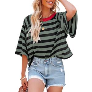 Dokotoo Tops for Women Striped 2025 Fashion T Shirts for Women Color Block Crewneck Design Loose Basic Tee (L)