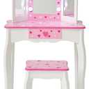 Teamson Kids Vanity Set for Girls with LED Lights, Tri-Fold Mirror, Stool & Drawer, Pretend Makeup Table for Toddlers, Heart Design, Wooden White Pink Princess Play Furniture, Ages 3+