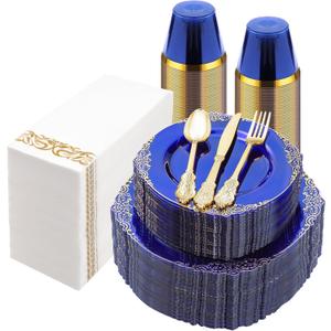 Bestluck 350PCS Clear Blue Plastic Plates for 50 Guests, Disposable Plates with Gold Trim include 50 Dinner and Dessert Plates, 150 Gold Silverware, 50 Cups, 50 Napkins for Party, Wedding & Graduation