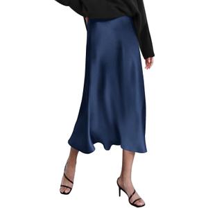 Zeagoo Skirts for Women Jacquard High Waist Skirt Black Elegant Midi Skirt Satin (Small, Navy Blue)