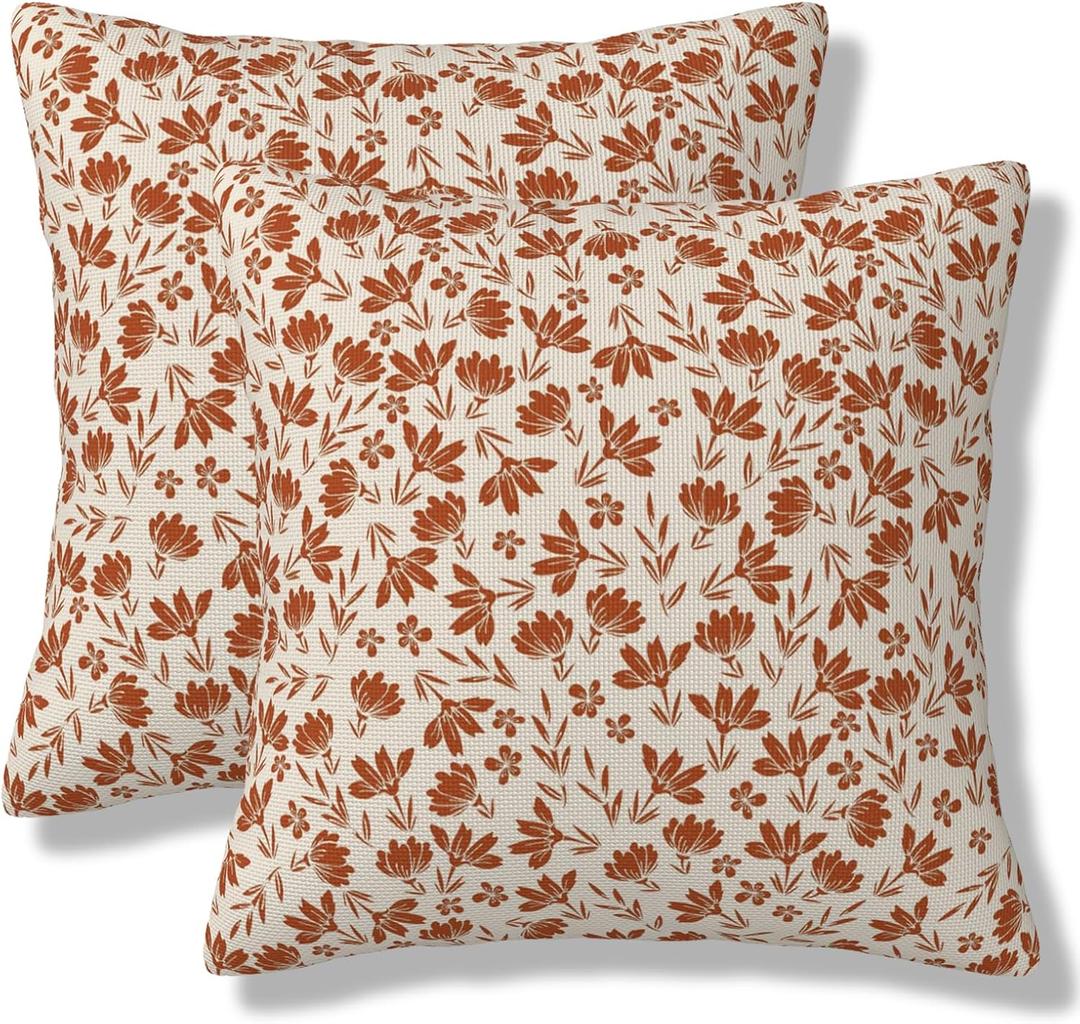 Burnt Orange Floral Throw Pillow Covers Vintage Rustic Flowers Square Pillow Cases 18x18 Inch Set of 2 Cute Small Flower Cushion Cover Decorative Pillowcase for Living Room Sofa Couch