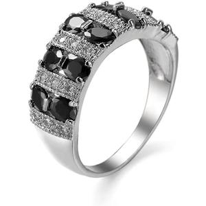 WTH OYE 925 Sterling Silver Full Diamond Ring Shiny Black Onyx Ring Oval Cut Cubic Zirconia Promise Rings CZ Black Gem Cocktail Rings Eternity Engagement Wedding Band Ring for Women W.53 (US Code 7)