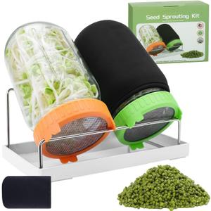 Seed Sprouting Jar Kit with Mung Beans 2.9oz, 2 Large Wide Mouth Mason Jars with Sprouting Lids, Blackout Sleeves, Drain Tray, Sprouts Growing Kit for Growing Bean, Alfalfa, Radish Sprout Seeds