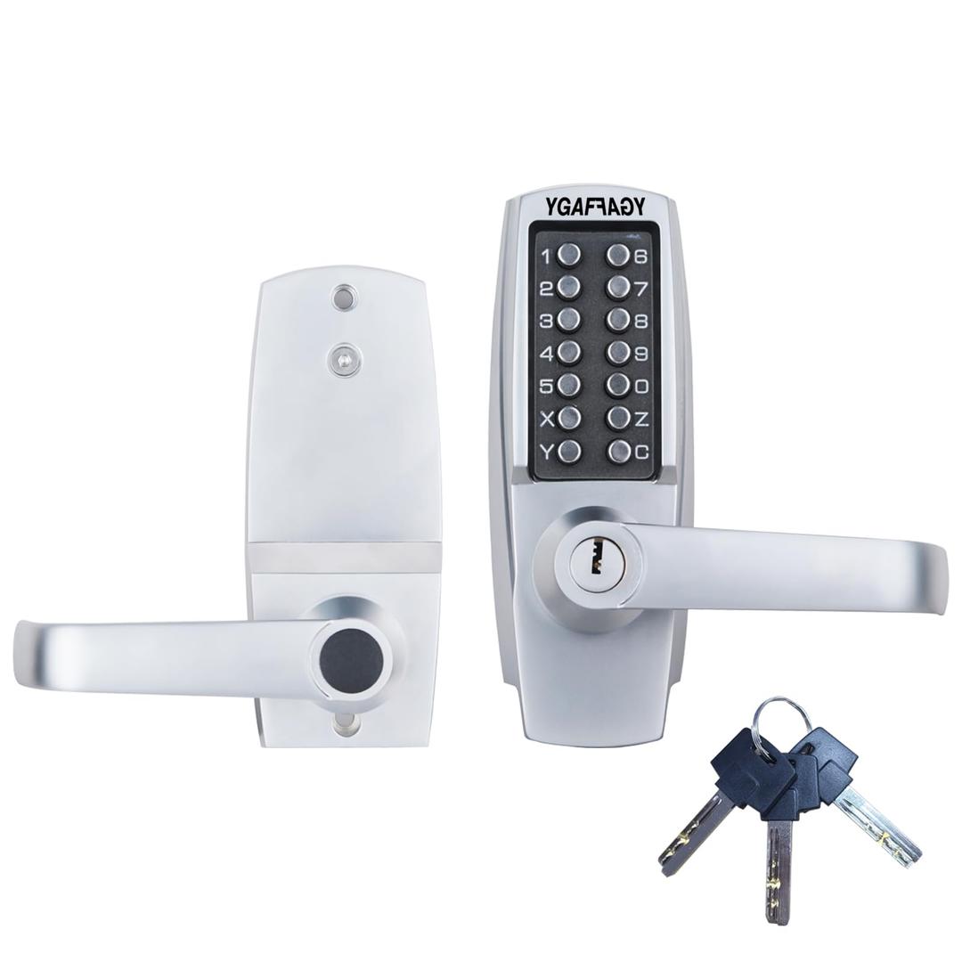 Mechanical Entry Door Lock, 14 Digital keypad,Weatherproof deadbolt with Handle, Security Heavy Duty Outdoor Lock Without Electronic, Easy Installation, for Home, Yard-gate, Office, Chrome