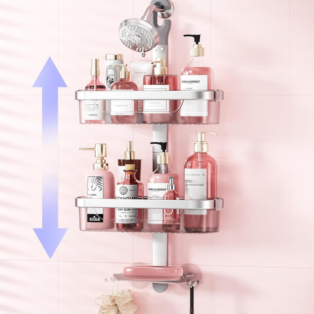 LAMU Adjustable Shower Caddy Hanging, Rust-Proof Hanging Organizer, 3-Tier Aluminum Alloy + ABS, Over-the-Showerhead with Hooks, Razor Holder, Soap Dish, Silver
