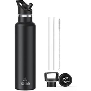 Stainless Steel Double Wall Water Bottles, Vacuum Insulated Bottle With Straw Lid, Insulated Water Bottle Keeps Water Cold for 24 Hours, Hot for 12 Hours, Hiking, Sports (32 Ounces, Black)