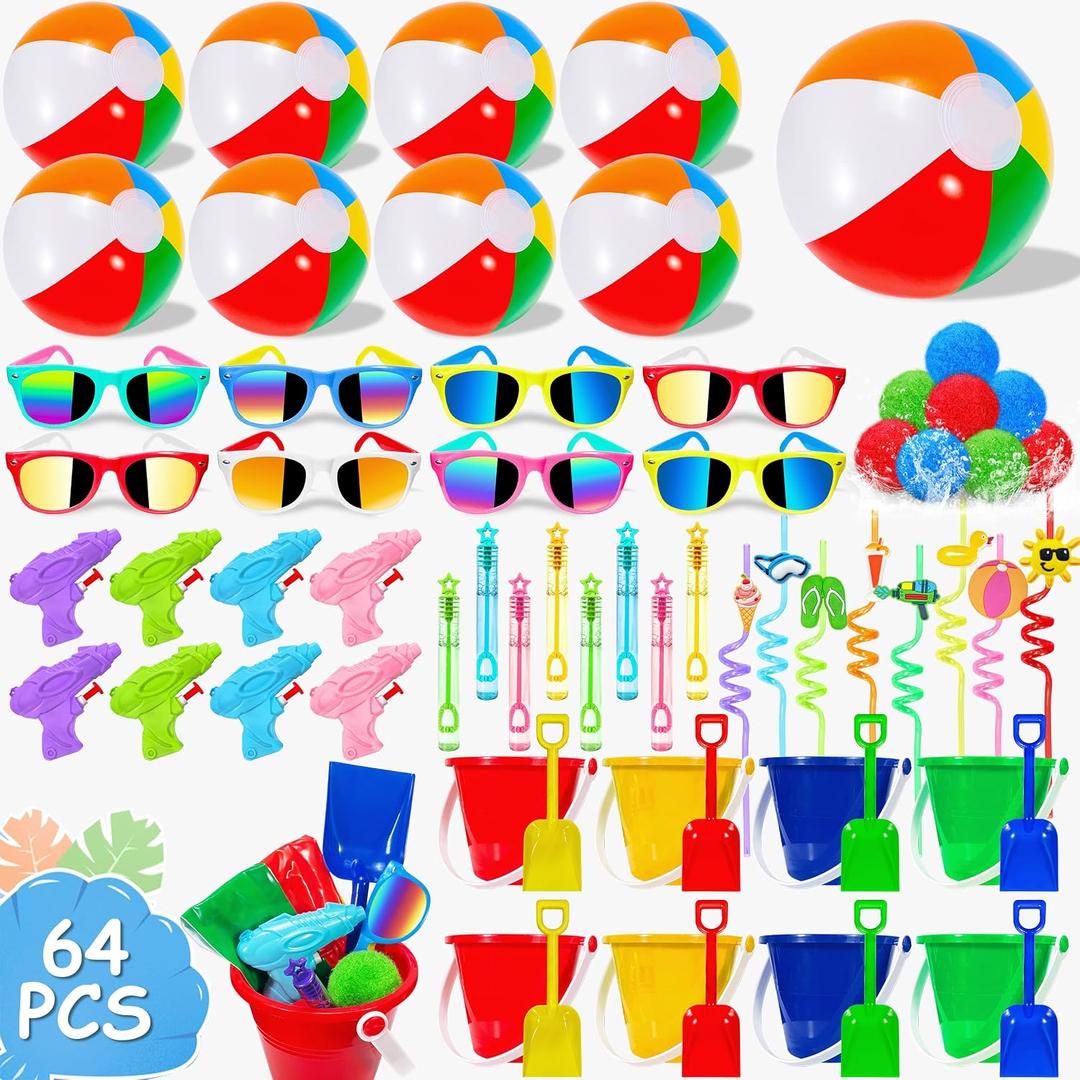 LINAYE Beach & Pool Party Favors - Kids' Summer Toys Bulk Including Beach Balls, Sand Buckets, Sunglasses, Drinking Straws, Bubble Wands Beach & Pool Party Supplies