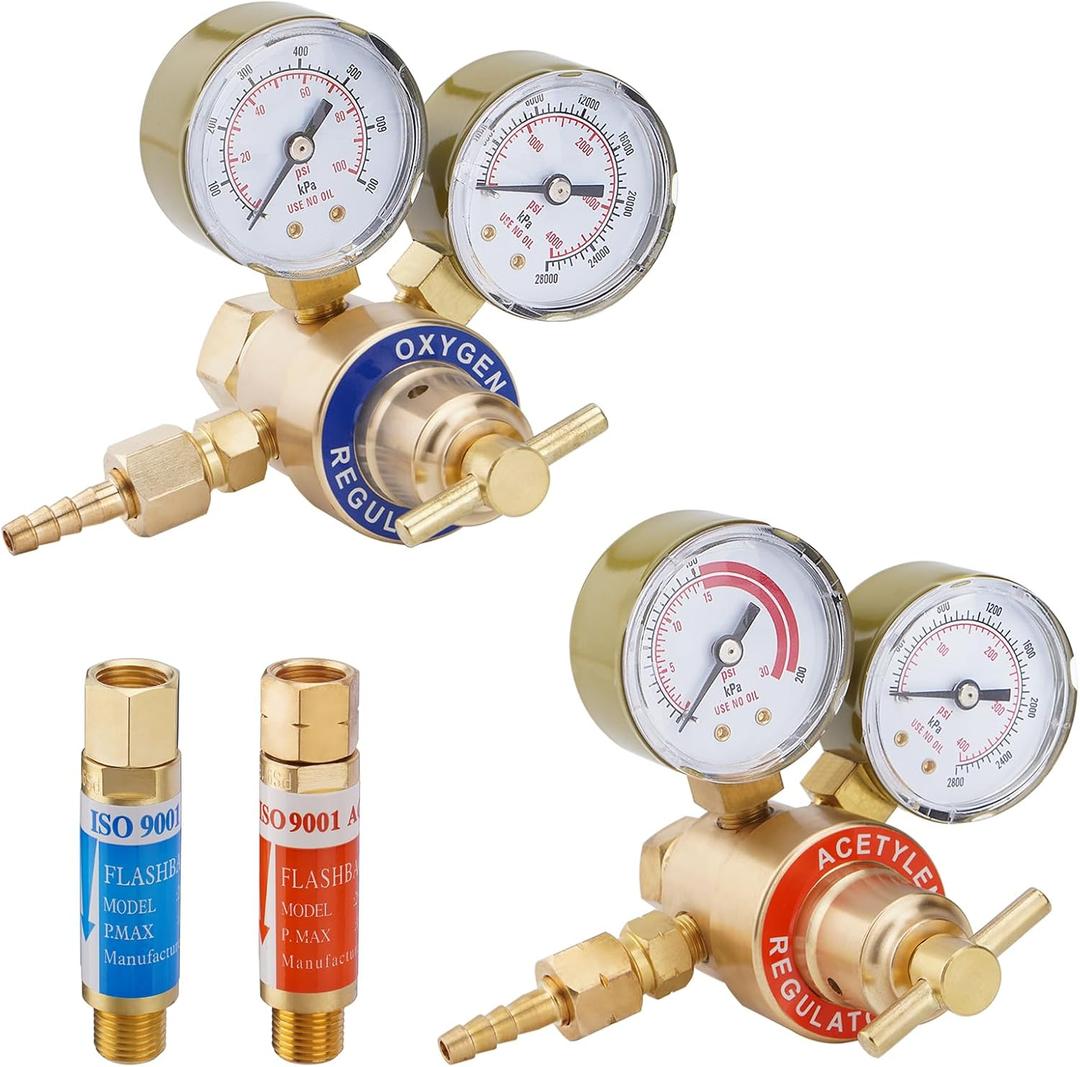 SPARKWHIZ Oxygen and Acetylene Regulator Welding Gas Gauges Pair, Compatible with Victor Welding Gas Torch Cutting (CGA540 and CGA200) + Flashback Arrestors Regulator End 9/16-18 Threads B Size