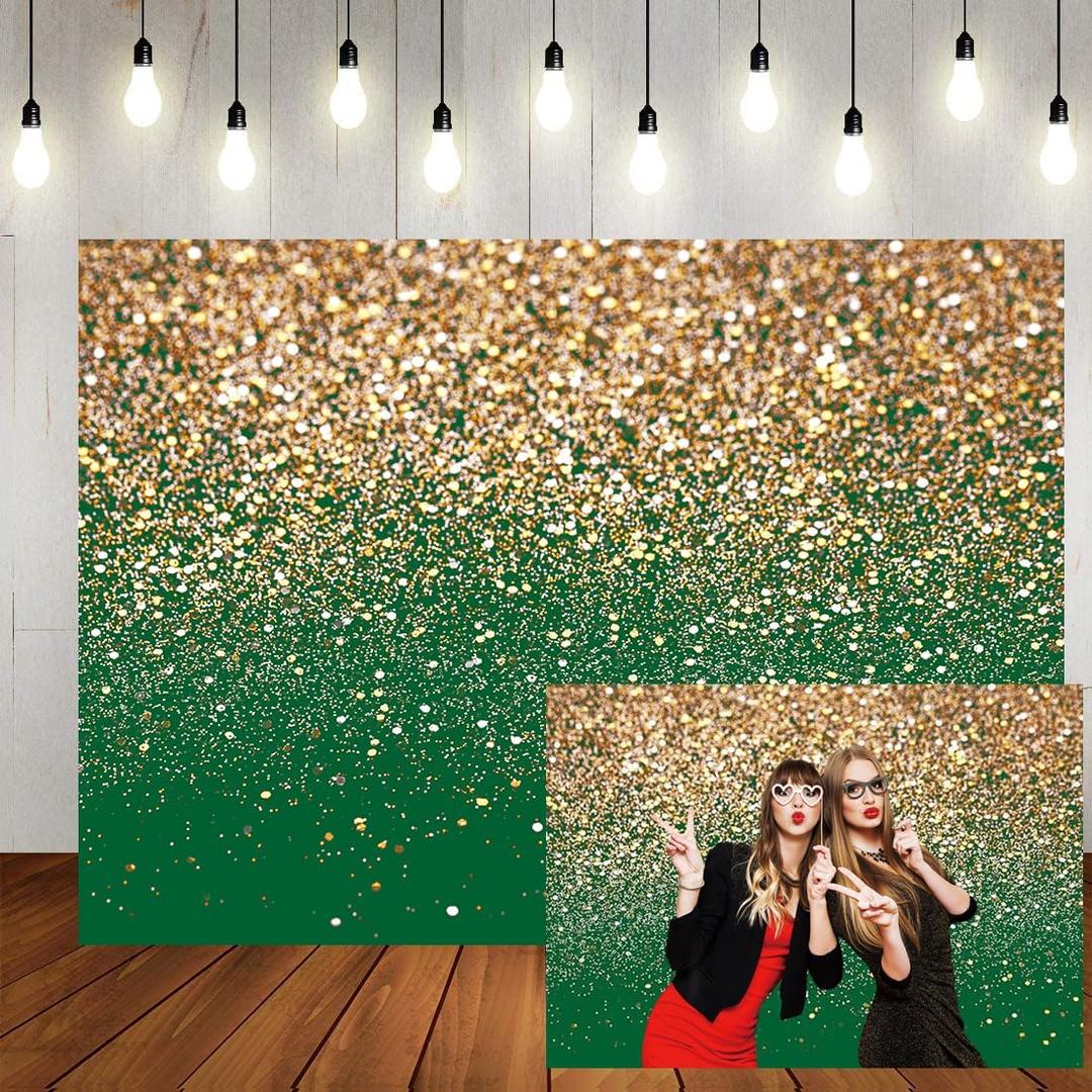 Gold Glitter Green Backdrop 7x5ft Sparkling Green and Gold Photography Background for Birthday Party, Christmas, Anniversary, Wedding Holiday Decorations Photo Booth Props