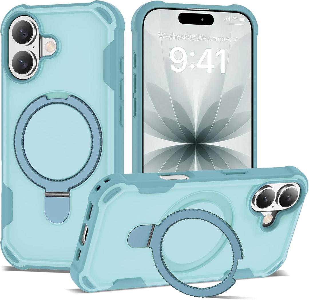 Compatible with iPhone 17 Case 6.3'' with Magnetic Ring Stand [Military Drop Protection][Compatible with MagSafe] Shockproof 17 Phone Case for Men Wowen,Cyan