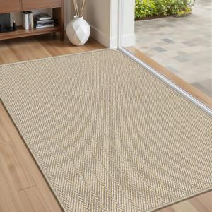 Ultra Thin Door Mat Indoor Entrance 24"x36", Low-Profile Indoor Door Mat, Non Slip Entry Mat Rubber Backing Unique Herringbone Design Inside Doormat Dirt Trapper Entryway Mats, Beige