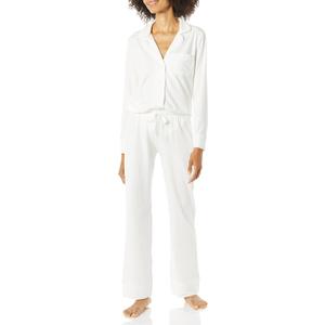 Amazon Essentials Women's Cotton Modal Long-Sleeve Shirt and Full-Length Bottom Pajama Set (Medium, White)