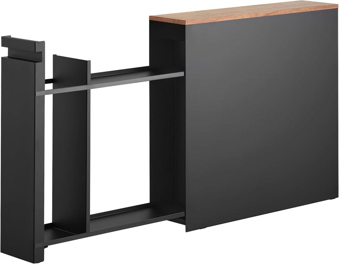 YAMAZAKI Home Pull-Out Bathroom Storage Cabinet Slim Bathroom Storage Cabinet with Wood Top, Steel Organizer for Toilet Paper and Cleaning Supplies, Modern Space-Saving Design, Black - Steel + Wood