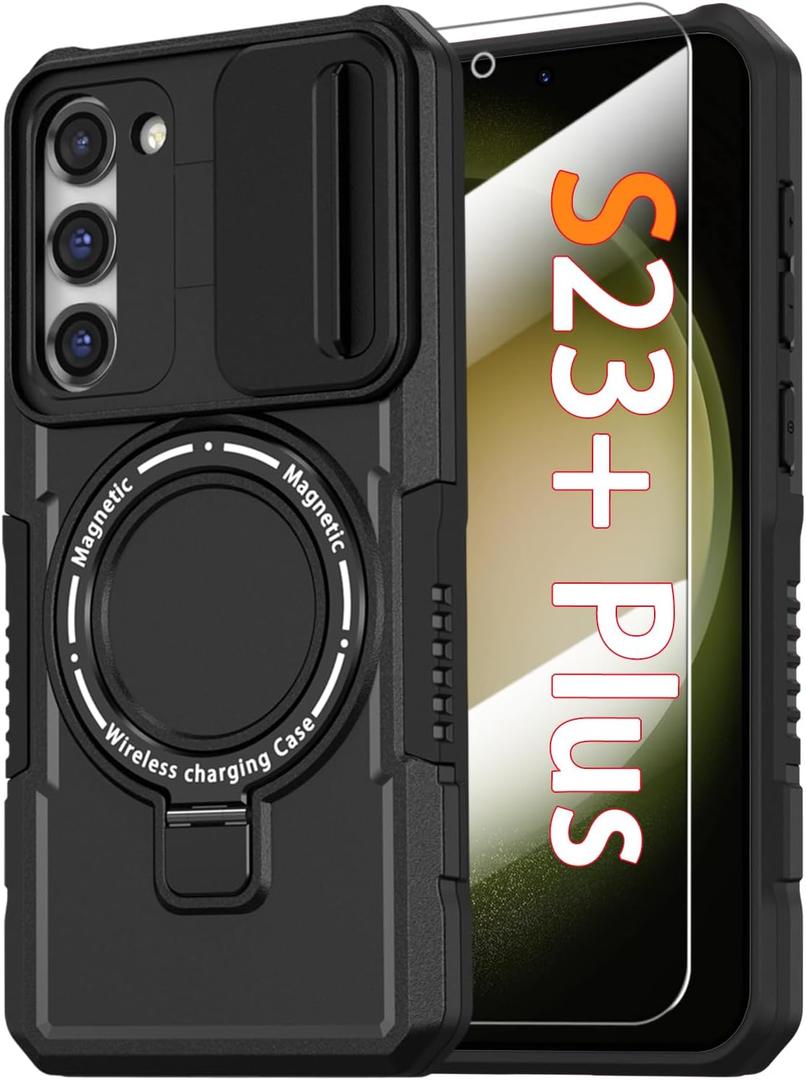 Phone Case for Samsung Galaxy S23+ Plus, with Magnetic Ring Stand [2X Screen Protector] [Compatible with MagSafe] Military Grade Case with Camera Cover, Shockproof Cover for Samsung S23 Plus, Black